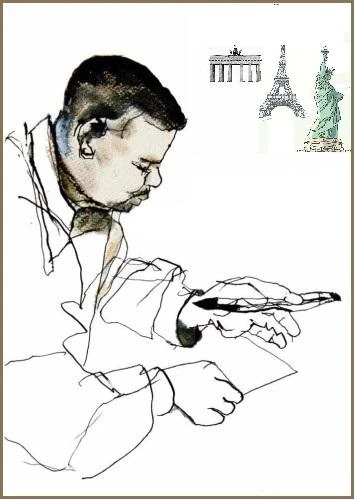 Dessin d’un voyageur et de repères internationaux.